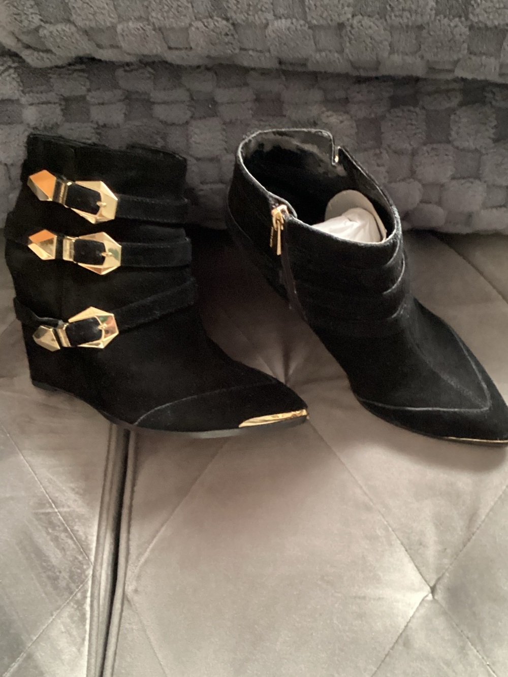 Vince Camuto Black Suede Pointed Toe Ankle Booties with Gold Buckle Accents